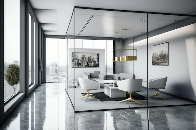 Weiße Wände, ein Betonboden, ein weißer Empfangstresen, ein Besprechungsraum mit Glaswänden und eine Lounge mit Sitzgelegenheiten bilden das Innere eines modernen Arbeitsplatzes