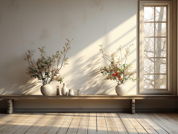 Weiße Wände, leerer Raum mit Pflanzen und Fenstern