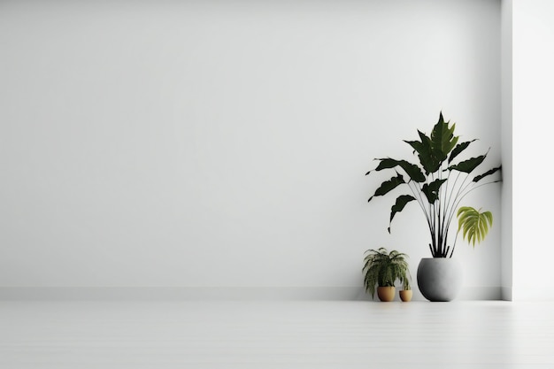Weiße Wand, leerer Raum mit Pflanzen auf dem Boden, 3D-Rendering im minimalistischen Stil