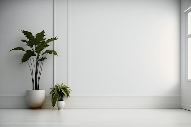 Weiße Wand, leerer Raum mit Pflanzen auf dem Boden, 3D-Rendering im minimalistischen Stil