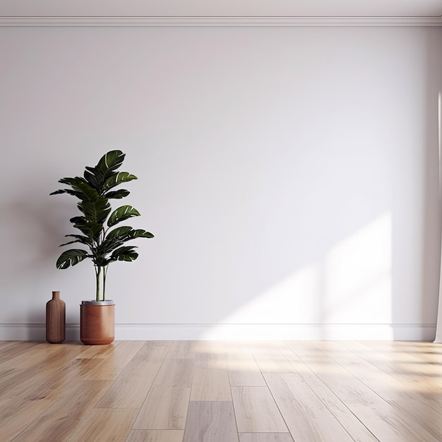 Weiße Wand-Mockup-Pflanze und Holzboden