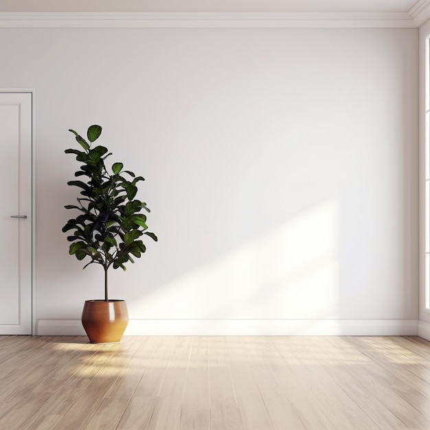 Weiße Wand-Mockup-Pflanze und Holzboden