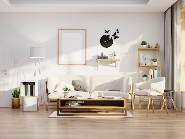 Foto weiße wand wohnzimmer haben sofa und dekoration, 3d-rendering