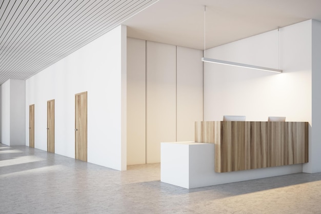 Weiße Wandbüroecke mit einem Empfangstisch aus Holz und einem leeren Flur auf der linken Seite. 3D-Rendering-Attrappe