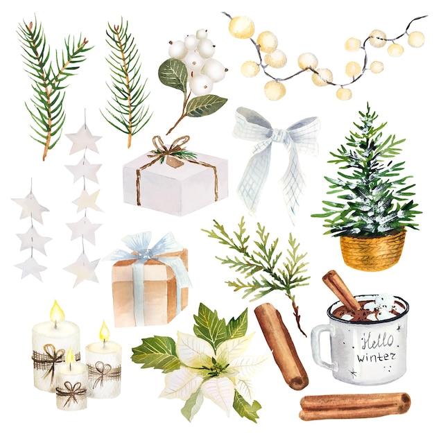 Weiße Weihnachts Aquarellelemente isoliert