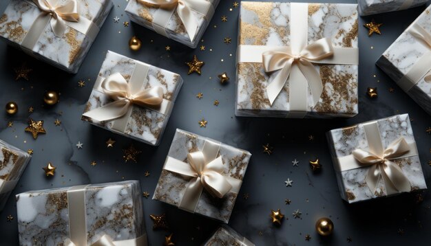 weiße Weihnachtsgeschenke auf schwarzem Beton-Hintergrund, flache Laytop-Ansicht, Minimalismus