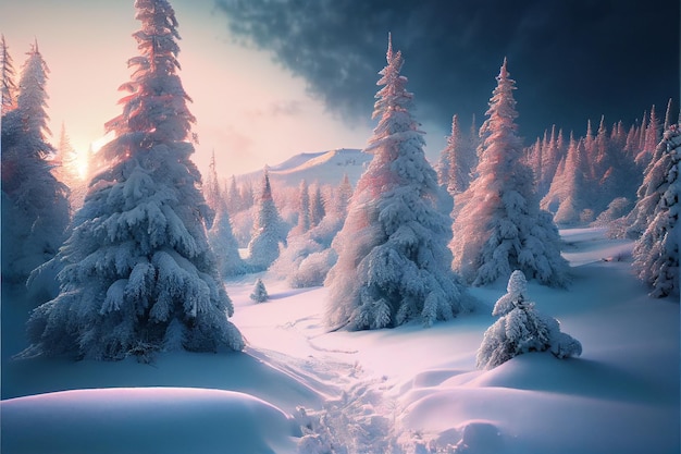 Weiße Winterfichten im Schnee an einem frostigen Tag Perfekte winterliche Tapeten magische Natur