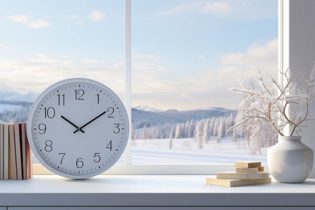 Weiße Winterkomposition mit Wanduhr auf der Fensterbank und schneebedeckter Landschaft draußen