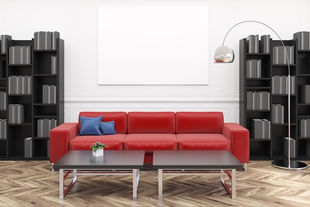 Weiße Wohnzimmereinrichtung mit weißem Boden, einem roten Sofa neben einem Couchtisch, zwei Bücherregalen und einem Poster. 3D-Rendering-Attrappe