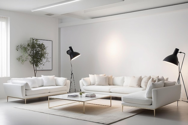 Weiße Wohnzimmermöbel in einem weißen Fotografiestudio mit kommerzieller Beleuchtung in der Ecke