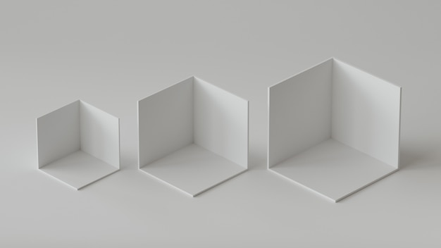 Weiße Würfelkästenhintergrundanzeige auf weißem Hintergrund. 3D-Rendering.