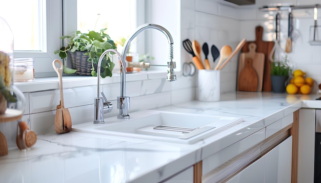 Weiße Zähler mit Waschbecken und Utensilien im Inneren einer modernen Küche