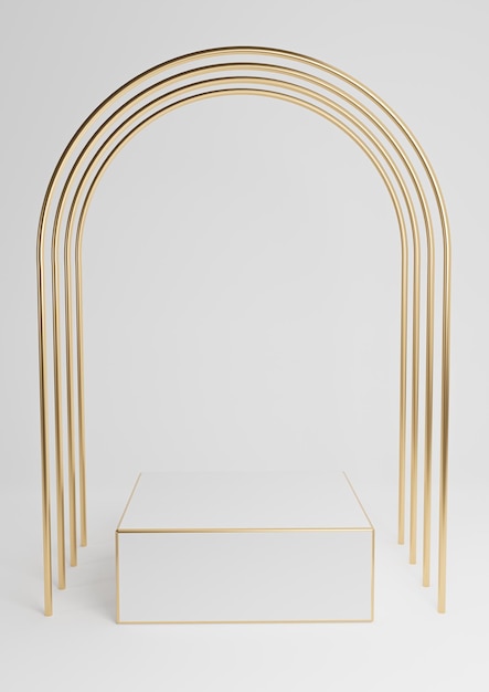 Weißer 3D-Podiumsständer für minimale Produktpräsentation Luxus-Goldbögen Hintergrund abstrakte Komposition
