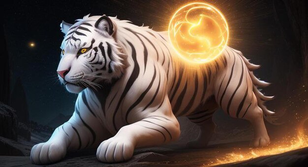 Weißer 3D-Tiger, der einen magischen Zauber aus einer Lichtkugel wirft