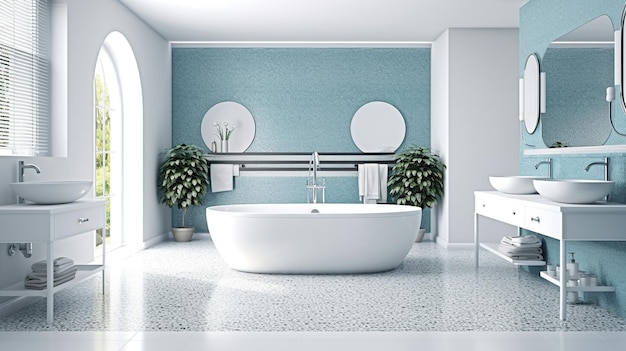 Weißer Badezimmerinnenraum mit blauem Mosaik Generative AI