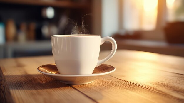 Foto weißer becher auf dem tisch mit verschwommenem raumhintergrund