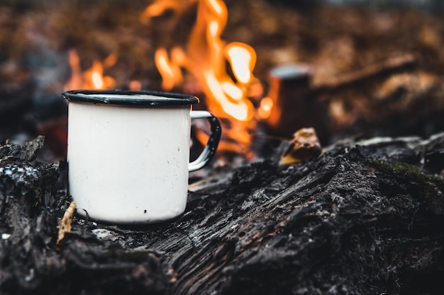 Weißer Becher nahe Lagerfeuer am Wald