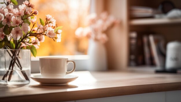 Weißer Becher und eine Vase mit Blütenblättern auf einem Holztisch