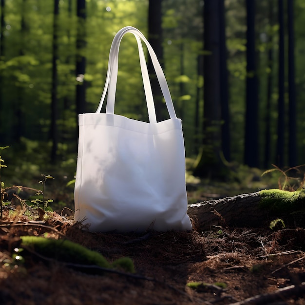 Foto weißer beutel im wald auf dem schmutzboden