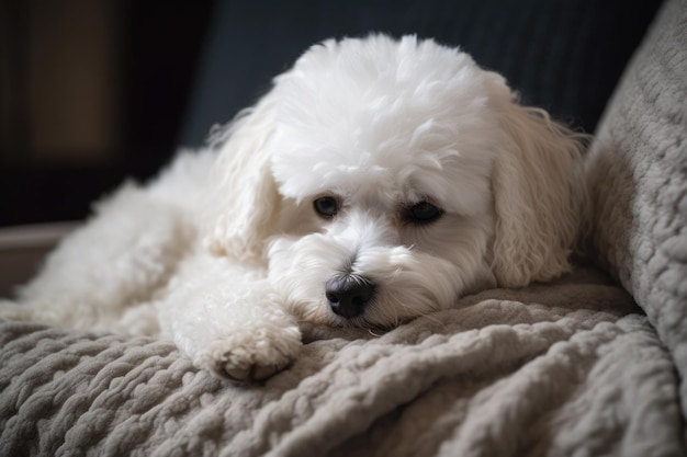 Weißer Bichon Frise-Hund, der zu Hause auf einem Sofa liegt. Ai erzeugt