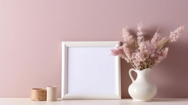 Weißer Bildrahmen an einer pastellfarbenen Wand in einer minimalistischen Wohnung, frei von Unordnung, minimalistische Hintergründe, festfarbiger Hintergrund, getrocknete Blumen, Generative Ai