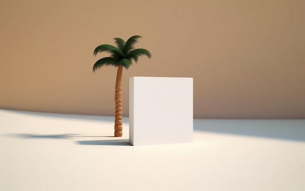 Weißer Block im Sand mit generativer Palmen-KI