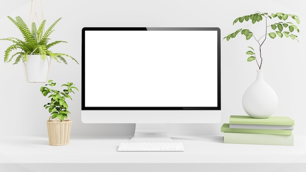 Weißer Computer auf minimalem Desktop mit Pflanzen verspotten 3D-Rendering