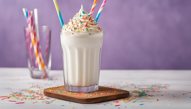 Weißer Creme-Milkshake in einem Glas mit farbigen Sprinkles