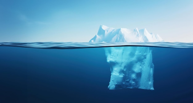 Weißer Eisberg, der im klaren blauen Meer schwebt, unter und über dem Wasser, Sicht auf globale Erwärmung Generative KI