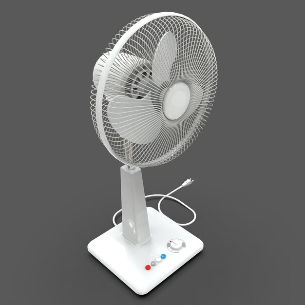 Weißer elektrischer Ventilator. Dreidimensionales Modell auf grauem Hintergrund. Lüfter mit Steuertasten am Ständer. Ein einfaches Gerät zur Belüftung. 3D-Illustration.