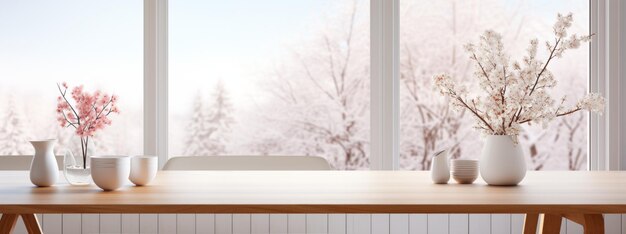 Weißer Esstisch mit einem verschwommenen modernen skandinavischen Wohnzimmer