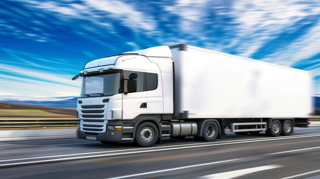 Weißer Frachtwagen mit leerem Anhänger auf der Autobahn inmitten von malerischen Bergen und bewegtem Himmel