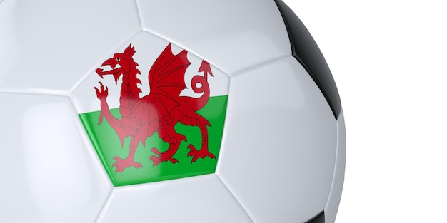 Weißer Fußball mit Flagge von Wales auf weißem Hintergrund isoliert Nahaufnahme 3D-Darstellung