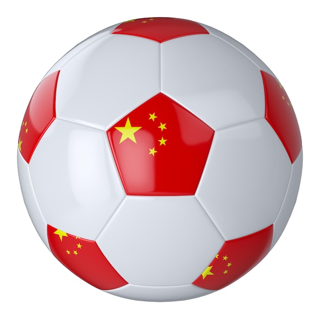 Weißer Fußballball mit chinesischer Flagge auf weißem Hintergrund Isoliert Lederfußball Klassischer weißer Ball mit Patches Flaggen der Länder 3D-Darstellung