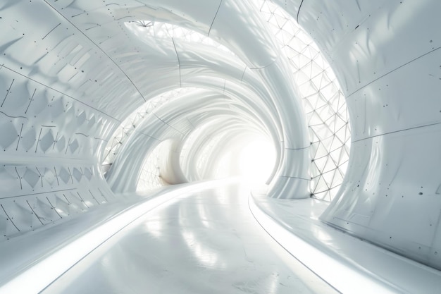 Weißer futuristischer Tunnel, der zum Licht führt Weitwinkel Moderner Stil abstrakter 3D-Rendering-Hintergrund