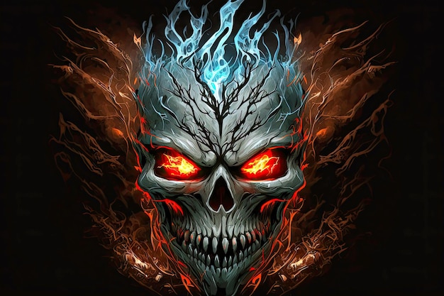 Weißer Geister-Skelettkopf mit brennenden roten Augen auf schwarzem Hintergrund generative ai