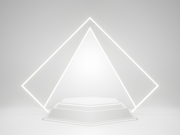 Weißer geometrischer Produktständer mit Neonlichtern. 3D-Rendering.
