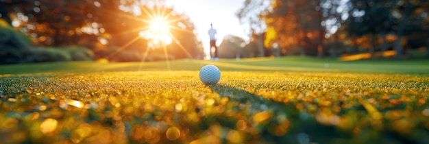 weißer Golfball auf grünem Rasen auf einem Golfplatz im Sommer bei Sonnenuntergang