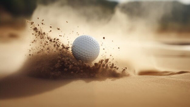 Weißer Golfball in goldenem Sand explodiert auf Bunker-Hintergrund des Golfplatzes