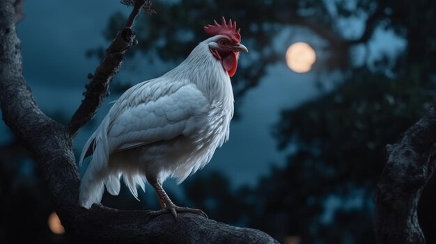 Weißer Hahn auf einem Baumzweig nachts im Mondlichtgenerative ai
