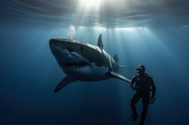 Weißer Hai schwimmt mit einem Taucher im tiefblauen Ozean Generative KI