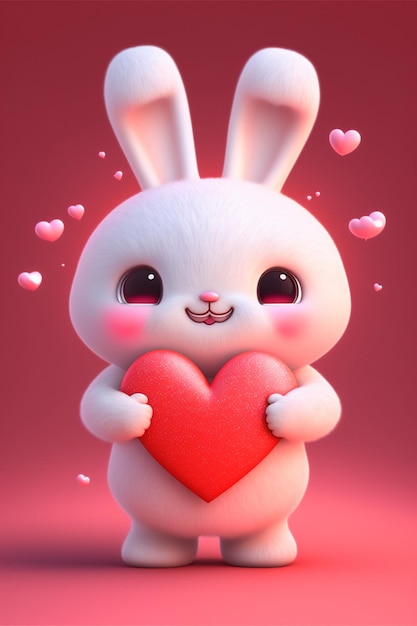 Weißer Hase hält ein rotes Herz auf rosa Hintergrund, generative KI