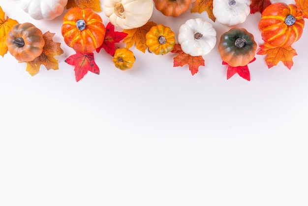 Weißer Herbsthintergrund mit bunten Kürbissen und Herbstblättern, flacher Kopierraum mit Draufsicht