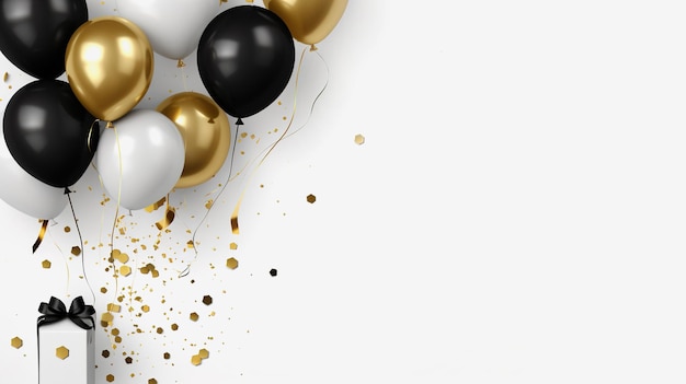 Weißer Hintergrund der Feier mit schwarzen und goldenen Luftballons, Geschenken und Konfetti. Platz für Text