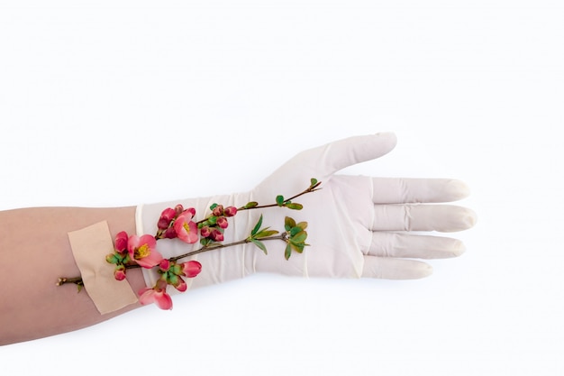 Weißer Hintergrund des medizinischen Handschuhfleckens der rosa Blumenklebebandhand