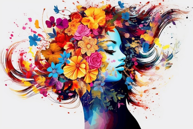 Weißer Hintergrund Frau mit Blumen im Haar Schönes Illustrationsbild Generative KI