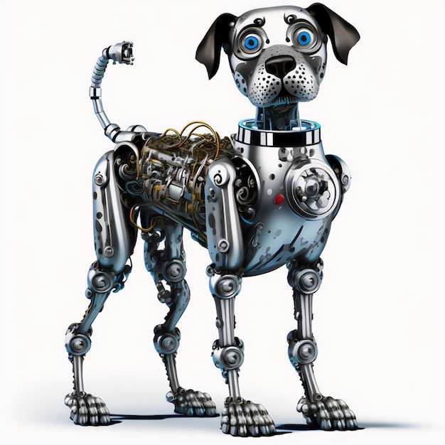 Weißer Hintergrund hebt komplizierte Details des Roboterhundedesigns hervor