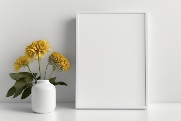 Weißer Hintergrund, leerer Rahmen und Blume auf dem Tisch. Designentwurf
