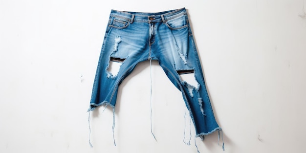 Weißer Hintergrund mit blauen, zerrissenen Beinen. Jeans und Jackenjeans hängen in Nahaufnahme