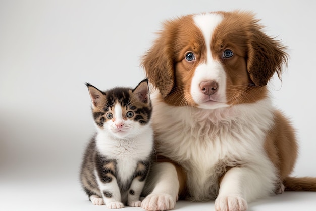 Weißer Hintergrund mit einem niedlichen Kätzchen und einem flauschigen Hund